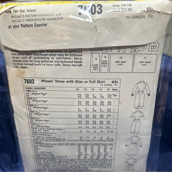 Dagger Collar Dress Vtg McCalls Sewing Pattern Slim Full Skirt Size 14-16 Cut - Picture 3 of 5